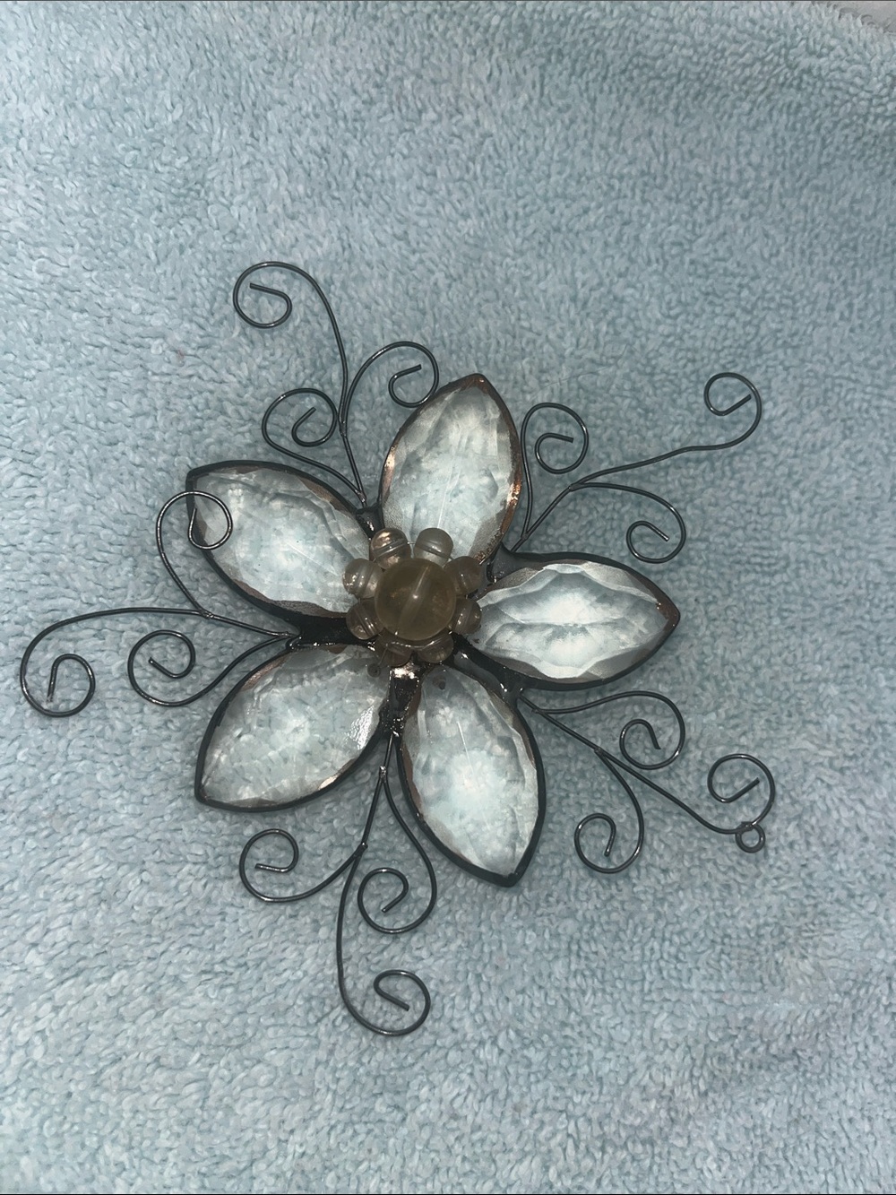 Vintage Decorative White Glass Petal 3D ornament- Floral Metal Scroll Design 403